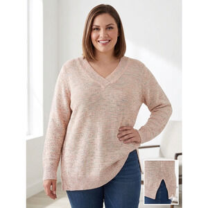 Croft & Barrow Women's Plus 1X Marled V-Neck Sweater Pink Blue Cream Knit